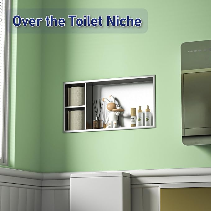 Stainless Steel Shower Niche 24" X 12" Brushed No Tile Needed Wall Niche with Shelf Recessed Horizontal Niches for Bathroom Storage Over Mount Installation