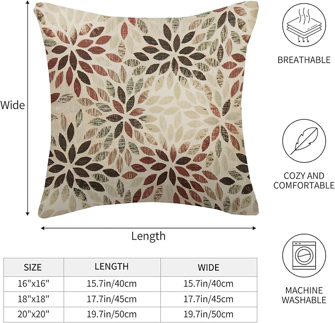 Burgundy Red Brown Pillow Covers 16x16 Inch Set of 2 Summer Rust Geometric Flower Outdoor Decorative Throw Pillows Farmhouse Dahlia Pillow Case Linen Square Cushion Cover for Home Sofa Bedroom