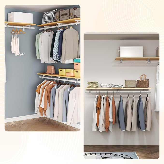 Mounted Closet Systems with Removable Shelves & Hanging Rods - Solid Wood Wall-Mounted Wardrobe Organizer for Bedroom, Walk-in Closet, 47.2in Space Saving Closet Storage System（1 Pack）