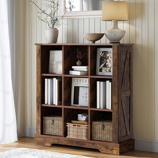9 Cube Storage Organizer, 3 Tier Bookshelf for Living Room, Farmhouse Bookcase with Led, Kids Toy Storage Cabinet, Wall Cubby Shelves for Home Decor, Wood Display Cabinet for Bedroom, Brown