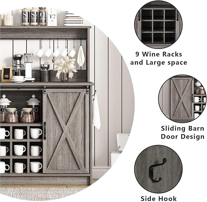 Farmhouse Coffee Bar Cabinet with 9 Wine Racks and 6 Hooks, 47 Inch Wine Bar with Storage, Buffet Cabinet Adjustable Shelves, Kitchen Buffet Cabinet for Dining Living Room, Grey Living Room, Grey
