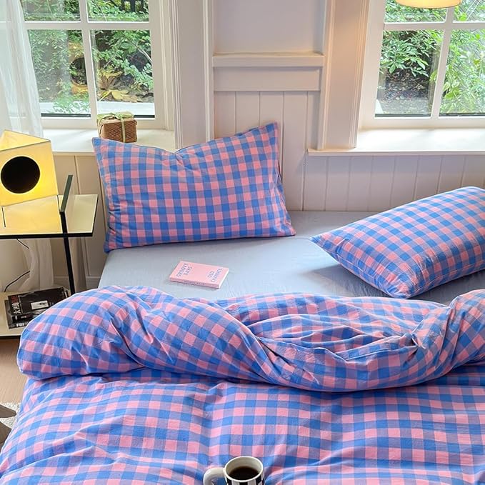 FACE TWO FACE Bedding Duvet Cover Set100% Washed Cotton Duvet Cover Linen Like Textured Breathable Durable Soft Comfy (Queen, Blue Purple Grid)