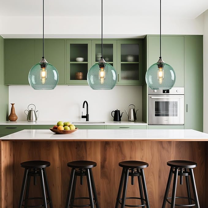 Light Green Glass Pendant Lights Kitchen Island Lighting Globe Pendant Light Fixtures Modern Pendant Lighting for Bedroom Living Dining Room Light Fixture (7.87 in, 3 Pack)