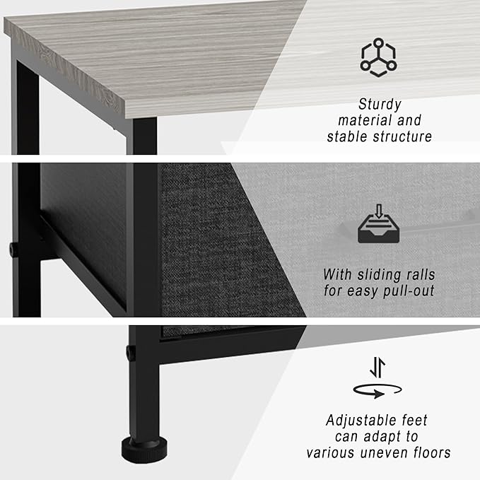 Side Table with Fabric Drawers,2-Tier Nightstand,End Table with Open Shelf for Bedroom, Living Room, Kitchen, Entryway, Grey Wash