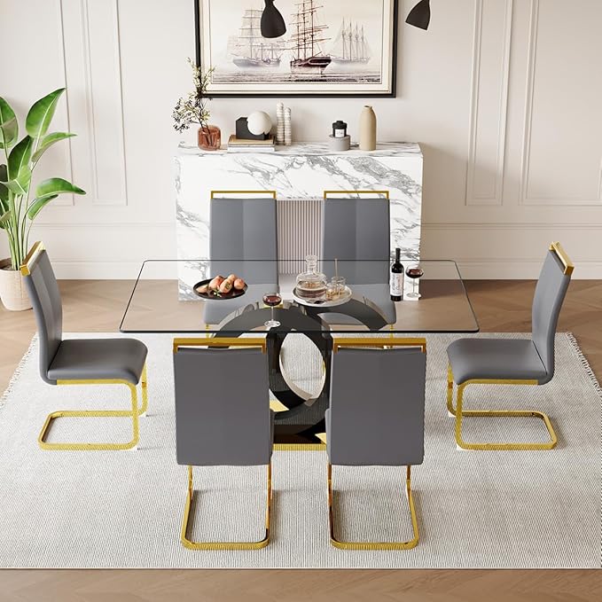 gopop 63'' Glass Dining Table Set for 6, Modern Kitchen & Dining Room Set, Rectangular Table with Clear Glass Top, Black Legs, Gold Metal Base, 6 PU Leather Chairs, Easy Assembly