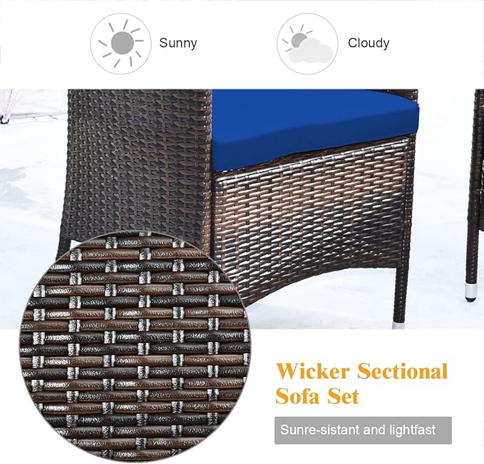 Tangkula 8 PCS Patio Rattan Conversation Set, Outdoor Wicker Furniture Set with Tempered Glass Coffee Table &Thick Cushion, Rattan Chair Wicker Set for Garden, Lawn, Poolside and Backyard (2, Navy)