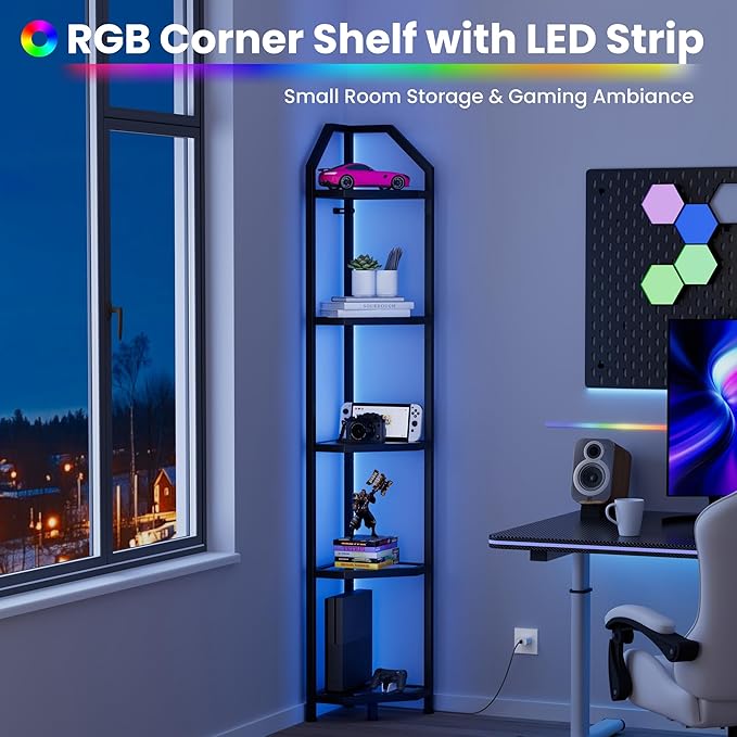 70 Inch Corner Shelf with LED Lights, 5-Tier Corner Bookshelf for Small Spaces, Glass & Metal Storage Rack for Bedroom, Living Room, Office - Modern Space Saving Design- Black