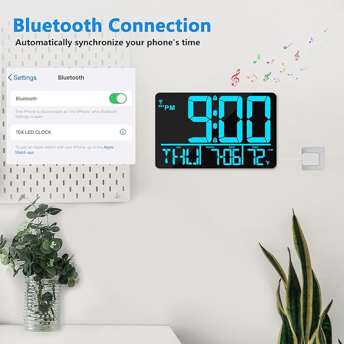 13" Bluetooth Auto Sync Wall Clock - Large Digital Alarm Clock with Remote, 25 Ringtones, Dual Alarm, Adjustable Brightness, 12/24H, Auto DST, for Living Room, Kitchen, Office, Elderly（Blue）