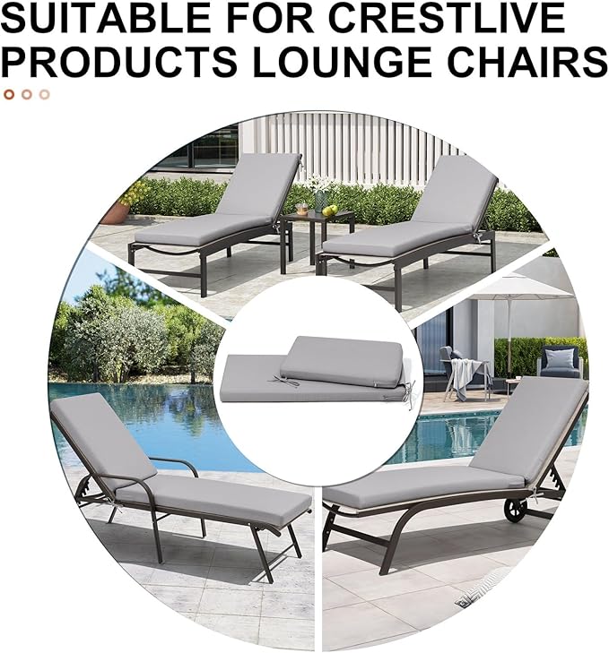 Crestlive Products Chaise Lounge Cushions Outdoor Set of 2, 72x21 Inch, Water Resistant Lounge Chair Cushions for Outdoor Furniture, Patio Cushions for Pool, Lawn, Light Gray
