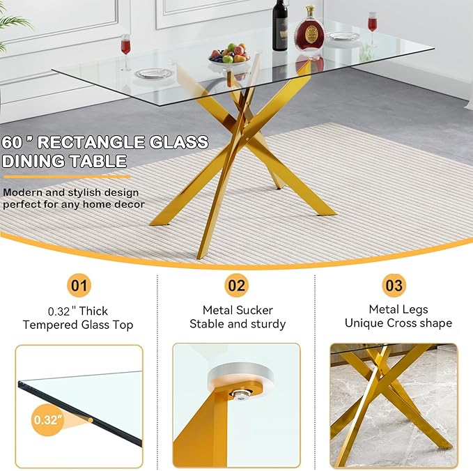 Goujxcy Glass Dining Table Set for 4, Modern Kitchen Table and Chairs Set of 4, 5-Piece Kitchen Dining Room Table Set w/61 Glass Gold Dining Table and 4 Black Velvet Upholstered Chairs