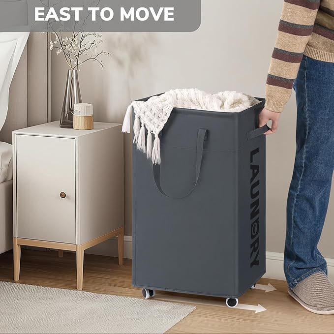 Goodpick Laundry Basket with Wheels, 75L Laundry Hamper, Dorm Room Essentials with Removable Wash Bag for Laundry Room, Rolling Laundry Basket with Handles, Grey
