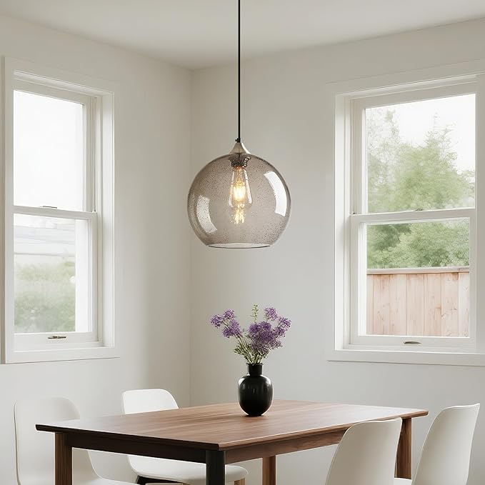 Light Grey Glass Pendant Lights Kitchen Island Globe Pendant Light Fixtures Modern Pendant Lighting for Bedroom Living Dining Room Light Fixture (9.84 in, 3 Pack)