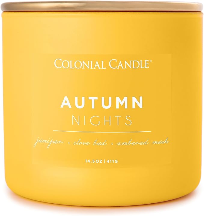 Colonial Candle Autumn Nights Scented Jar Candle, Pop of Color Collection, 3 Wick, Yellow, 14.5 oz - Up to 60 Hours Burn