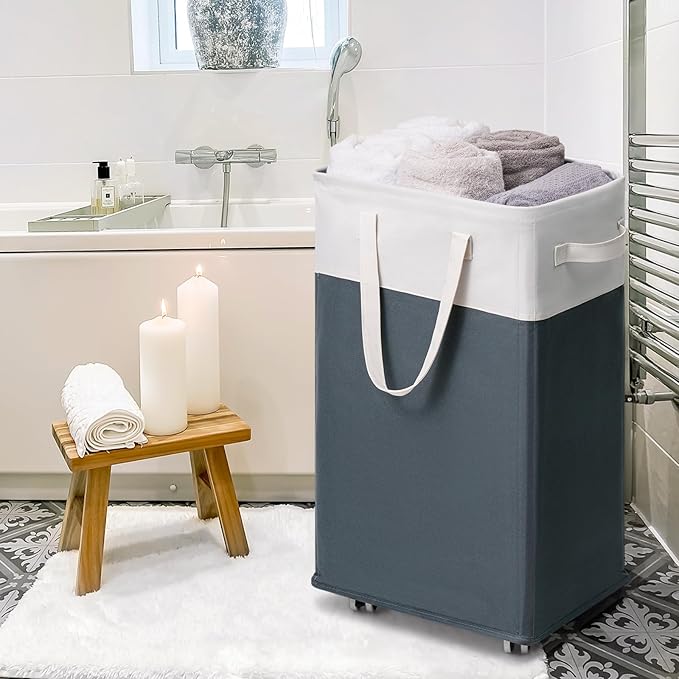 Goodpick Laundry Baskets 2-Pack, 75L Hamper with Wheels, Foldable Laundry Baskets with Removable Wash Bags, Rolling Laundry Hamper for Corner Dorm, Slim Laundry Basket, Grey&White