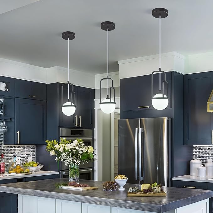 5 Inch Modern Black Pendant Light Globe Pendant Light Fixture Mid Century Pendant Lighting for Kitchen Island Dining Room Living Room Bedroom(2 Pack)