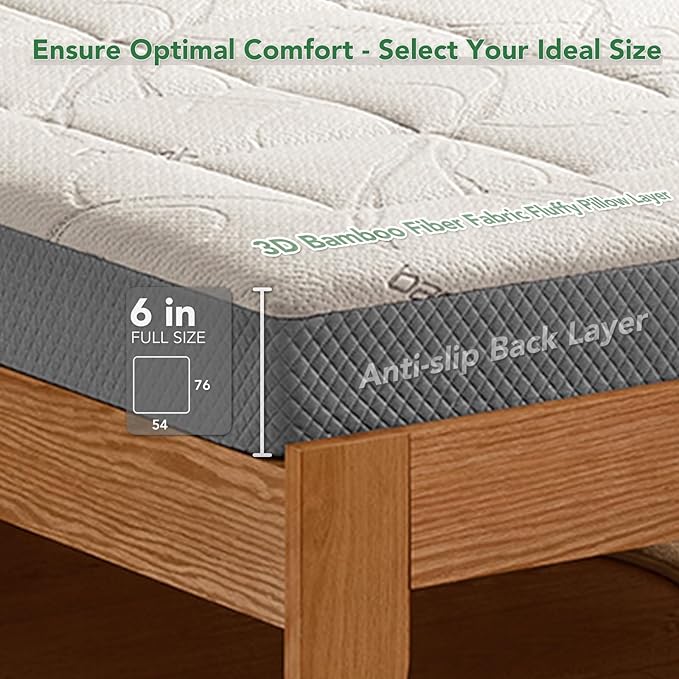 6 Inch Full Memory Foam Mattress- CertiPUR-US Certified Foam Mattress in a Box -Medium Firm Support for Pressure Relief with Washable Bamboo Fiber Cover for Kid Single Bunk Trundle Bed