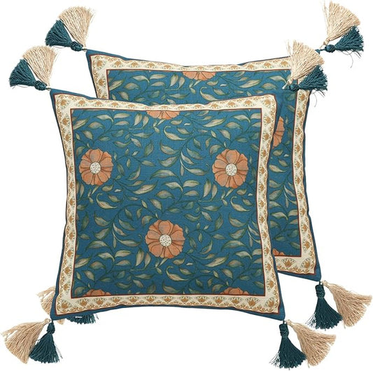 patdrea Designer Square Throw Pillow Covers Set of 2,French Floral Blue Farmhouse Linen Vine Branch Pattern Pillow Cover,Decorative Pillowcases Cushion for Bed Living Room Outdoor Car,18"x18"