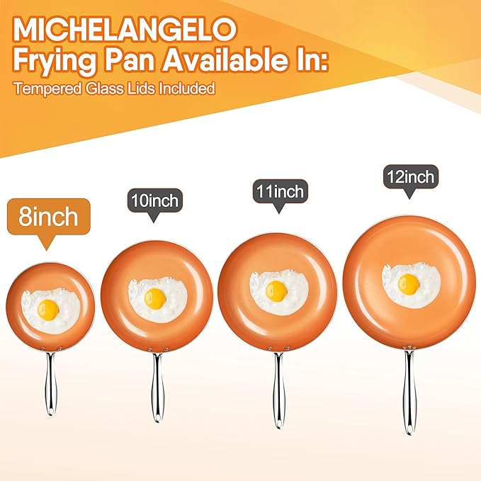 MICHELANGELO Frying Pan with Lid, Nonstick 8 Inch Frying Pan with Ceramic Titanium Coating, Copper Fry Pan with Lid, Small Fry Pan 8 Inch, Nonstick Fry Pans