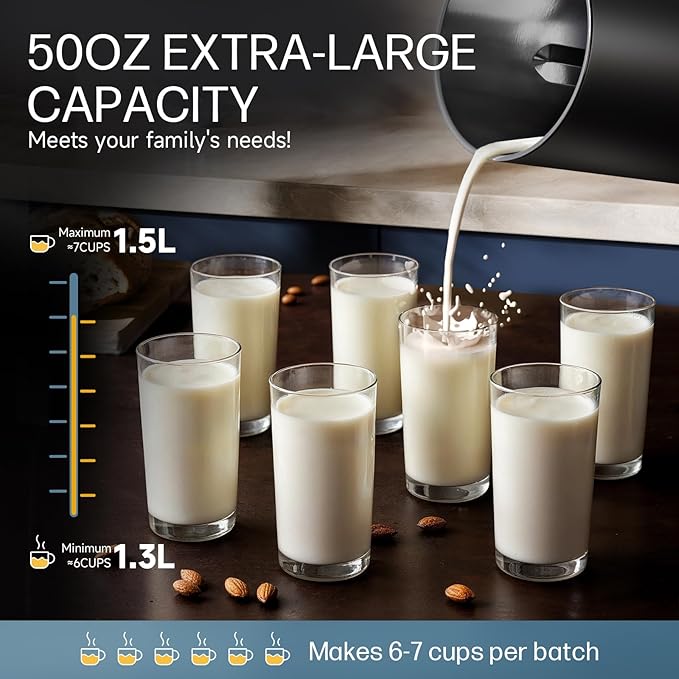 50oz Almond Milk Maker Machine (Built-in Filter) Make Plant Based Milk, Soup & Juice, 6-7 Cups Per Batch, 304 Stainless Steel, 5.3 lb, Automatic Cleaning, 8-IN-1 Nut Milk Maker for Soy & Oat (Black)
