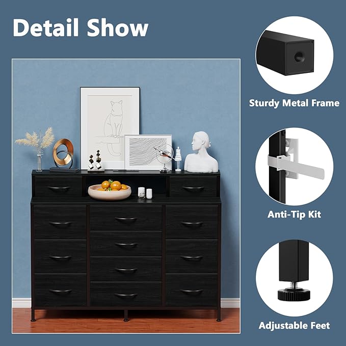Furnulem Black Dresser for Bedroom with LED Lights & Charging Station,47"W Dressers in Closet,Long Chest with 12 Storage Drawers,TV Stand Fabric Furniture for Hallway,2-Tier Shelf Wood Top,Metal Frame
