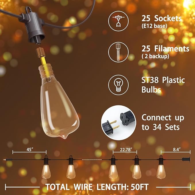 Outdoor String Lights 100 ft, LED Patio Lights with 52（50+2 Spare ST38 Shatterproof Bulbs, IP 65 Waterproof, Outside Hanging Light for Cafe Bistro Backyard