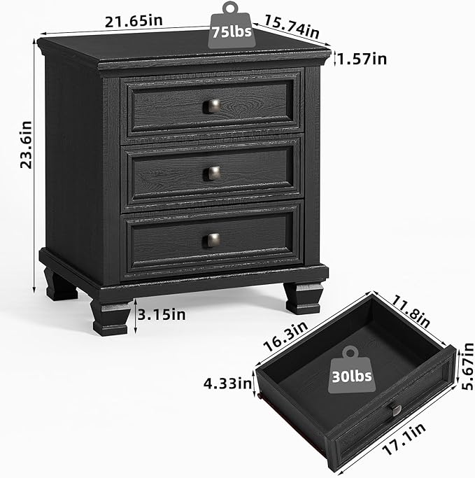 Farmhouse Nightstand with 3 Drawers, Rustic Couch End Table with 4 Square Solid Wood Legs, Mid-Century Modern Bed Side Table with Storage, Small Dresser for Bedroom, Living Room, Black
