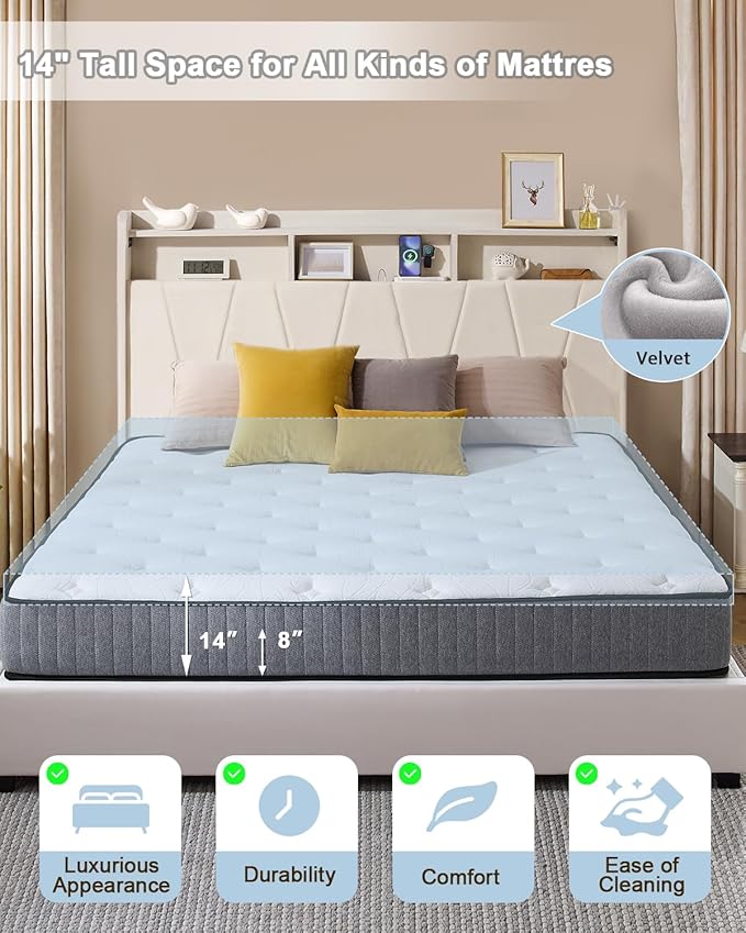 Queen Bed Frame, Velvet Upholstered LED Platform Bed with Headboard Storage, Queen Bed Built-in Charging Station with 4 Drawers, Wood Slat Support, No Box Spring Needed, Beige