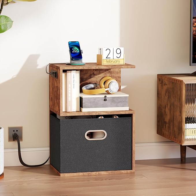 Furologee Nightstand with Charging Station and Drawer, 3 Tier End Table with Open Shelf, Wood S Shaped Bedside Table with Storage for Living Room/Bedroom/Small Space, Rustic Brown