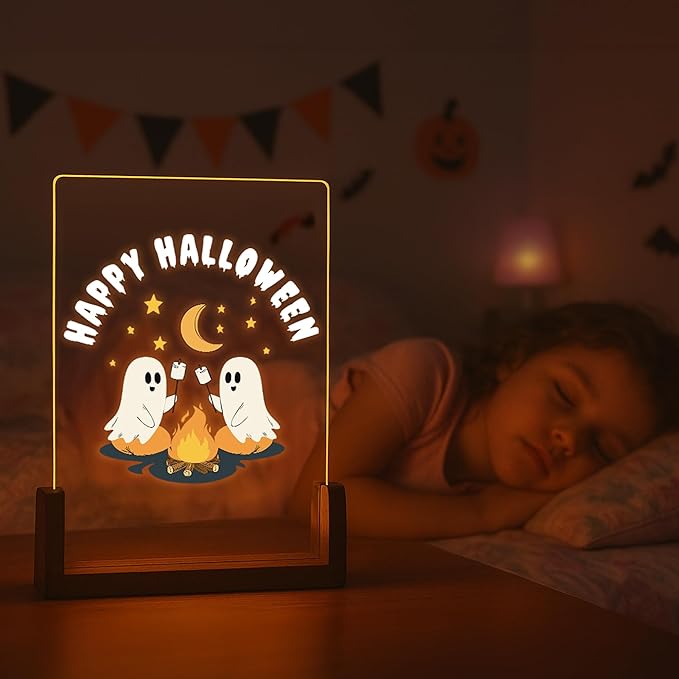 Custom Ghost Campfire Night Light 6.4" | 7-Color LED, Personalized Text | Spooky Ghost Cute Halloween Décor Night Lights Gifts for Kids Family and Friends