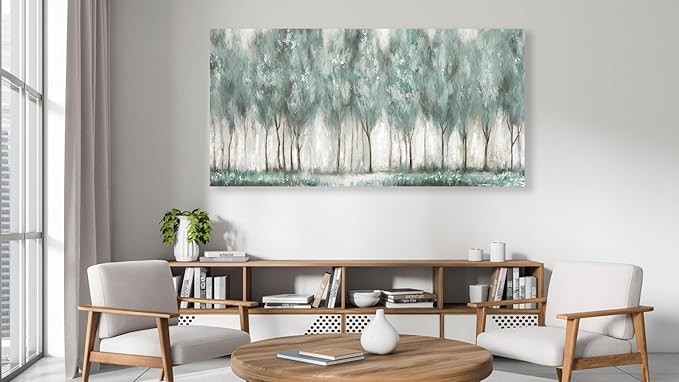 NINEASO Abstract Forest Canvas Wall Art - Grey Teal Foggy Trees Pictures Abstract Misty Woods Wall Decor Modern Botanical Painting Print Artwork for Living Room Bedroom Home Office Decor 20" x 40"
