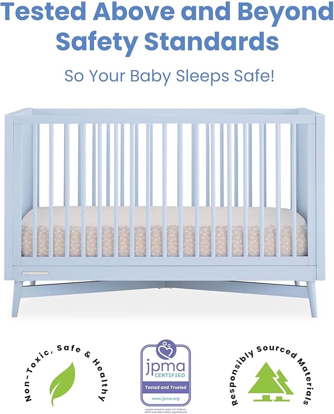 Delta Children Dylan Crib 6-Piece Baby Nursery Furniture Set–Includes: Convertible Crib, Dresser, Changing Top, Crib Mattress, Fitted Sheets & Changing Pad, Cloud Blue