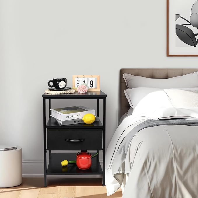 Black Nightstand with Fabric Drawer and Wood Shelf, Waterproof Surface Bedside Table, Eco-Friendly Small Side Table for Bedroom, Dorm, Living Room
