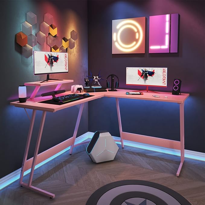 Homall Pink L Shaped Gaming Desk Computer Corner PC Desk Table with Large Monitor Stand for Home Office Studying Writing Workstation, Gift for Girls and Women (Pink, 51 Inch)