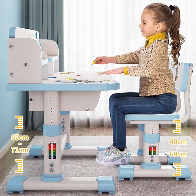 Kids Desk and Chair Set, Height Adjustable Kids Study Table and Chair Set, Children School Desk with Storage Drawer and Book Stand, Ergonomic Child Toddler Deskwith Sitting Posture Corrector (Blue 1)