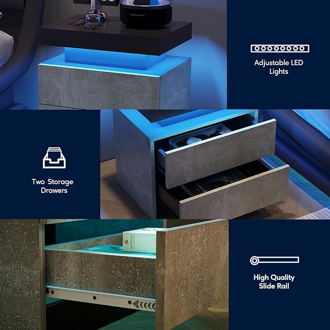 LED Nightstands Set of 2, Modern End Side Table with 2 Drawers, LED Bedroom Furniture for Bedroom and Living Room, Grey