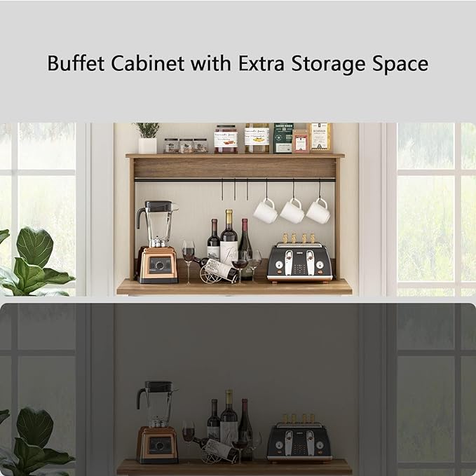 Farmhouse Coffee Bar Cabinet with 6 Hooks, White Coffee Bar Hutch with Storage, 50 Inch Buffet Cabinet with Sliding Barn Door, Coffee Bar Table with Adjustable Shelves for Living Dining Room