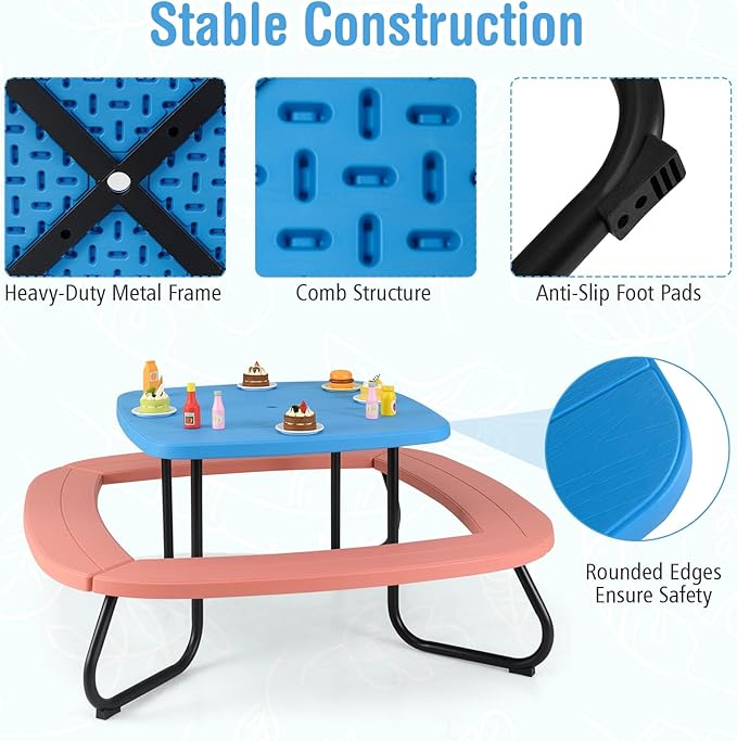 KOTEK 8-Person Kids Picnic Table, Toddler Activity Table with Removable Umbrella, 4 Built-in Benches, HDPE Top & Metal Frame, Kids Outdoor Table for Patio Garden Backyard (Blue+Red)