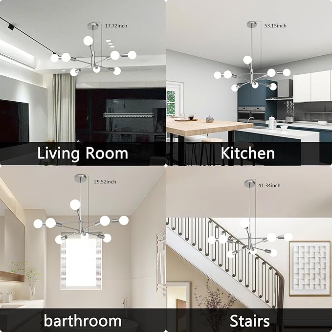 Modern Chandelier, 53 InchH Sputnik Ceiling Light Dining Room Light Fixtures Over Table Height Adjustable Mid Century Hanging Light E26 Pendant Lighting for Bedroom Kitchen Foyer 8-Light Silver