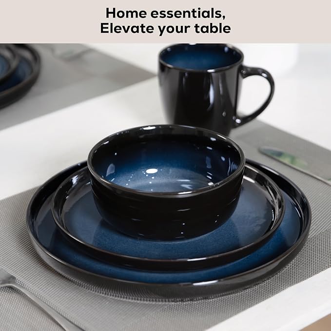 Romswi Dinnerware Set for 4, 16Pcs Stoneware Plates and Bowls Sets with Mugs, Chip & Scratch Resistant Dish Set, Handmade Reactive Glaze, Oven,Microwave and Dishwasher Safe, Dreamy Moonlight-Blue