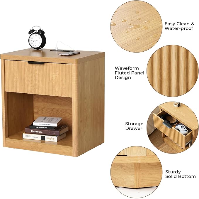 HOMMPA 22'' Fluted Nightstand Set of 2 with Charging Station, Modern Bedside Table w/Storage, Bedside End Table w/Open Compartment, Mid Century Modern Wood Night Stand for Bedroom, Living Room