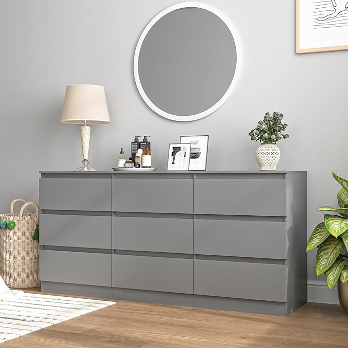Grey Dresser for Bedroom,Modern Large 9 Drawer Dresser with Deep Drawer,Wide Storage Chest of Drawer,Wood Bedroom Storage Organizer Furniture,TV Stand for Living Room