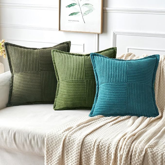 MIULEE Decorative Throw Pillow Covers for Couch Bed Livingroom 20x20 Inch Set of 2 Teal Blue Boho Accent Throw Pllows Broadside Striped Patchwork Soft Corduroy Summer Coastal Pillowcases