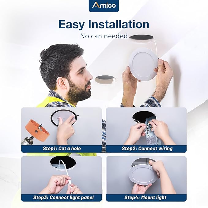 Amico 4 Pack 4 Inch 5CCT Ultra-Thin LED Recessed Dimmable Ceiling Light with Junction Box, 2700K/3000K/3500K/4000K/5000K Selectable, 10W Eqv 60W, 800Lumens, High Brightness Downlight - ETL&FCC