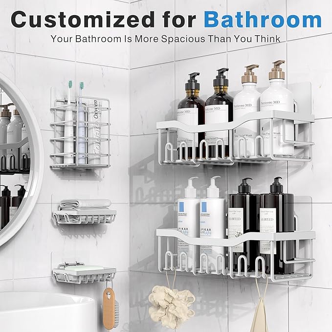 5-Pack Rustproof Stainless Steel Shower Caddy – No Drill Adhesive Bathroom Organizer with Large Capacity, Spacious Shower Shelves for Inside Shower, Kitchen & Home Decor Storage-XL Size