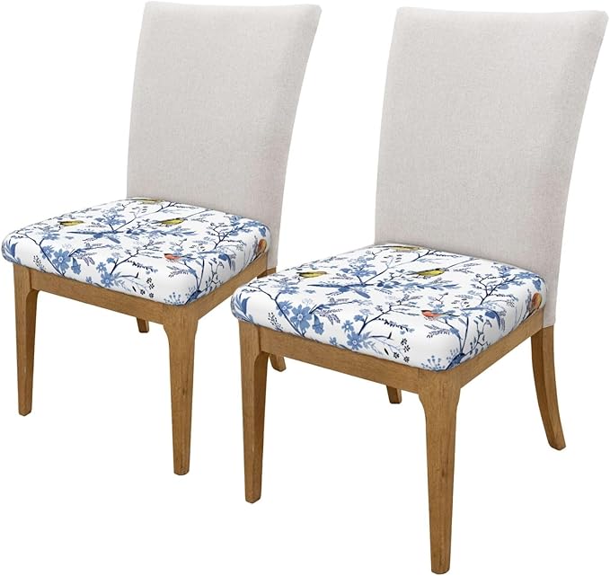 Seat Covers for Dining Room Chairsset of Set of 4, Floral Navy Blue Bird White Spring Flower Stretch Chair Seat Covers Cushion Slipcovers for Kitchen Office