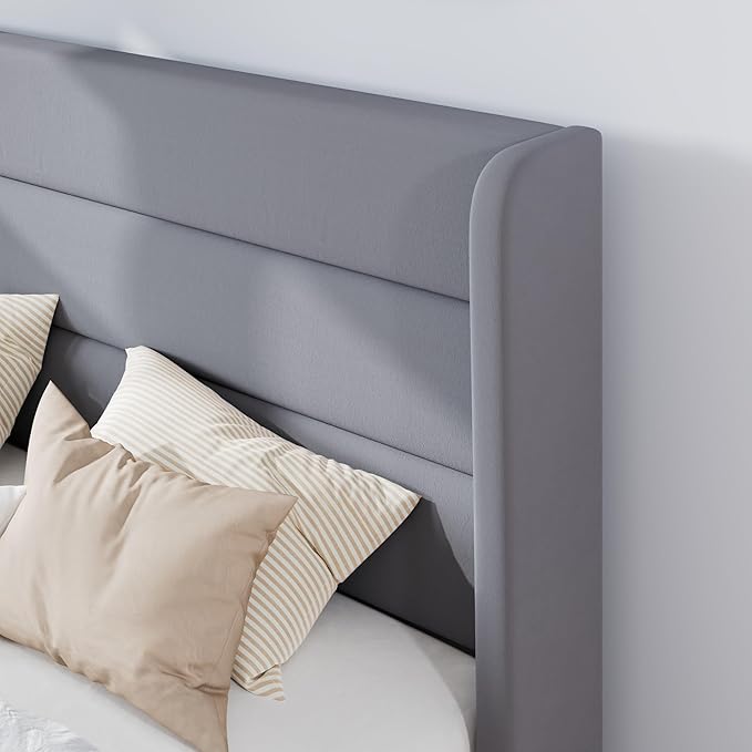SHA CERLIN King Size Velvet Bed Frame/Vertical Channel Tufted Wingback Headboard/Upholstered Platform Bed with Wooden Slats/Mattress Foundation/No Box Spring Needed/Easy Assembly/Grey