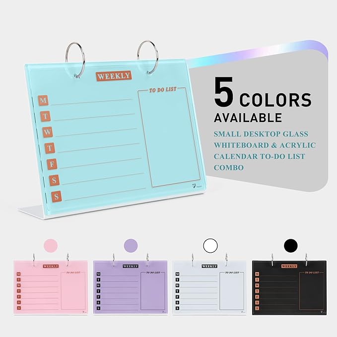 Desktop Glass Dry Erase & Acrylic Aesthetic Calendar Weekly to-do List Combo, Small Magnetic Standing Whiteboard, Desk Flip Easel Calendar with Accessories for Home Office Supply, Teal Blue, 9 x 7''