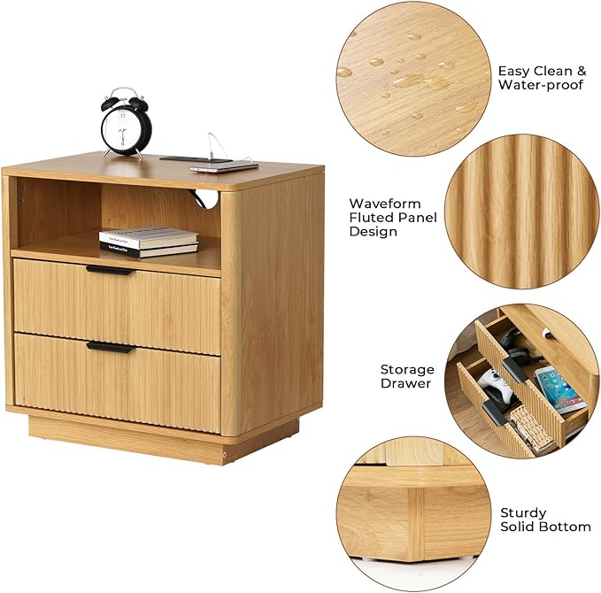 HOMMPA 24'' Fluted Nightstand with Charging Station, Modern Bedside Table with Storage, 2 Drawer Beside End Table with Open Shelf, Mid Century Modern Wood Night Stand for Bedroom, Living Room