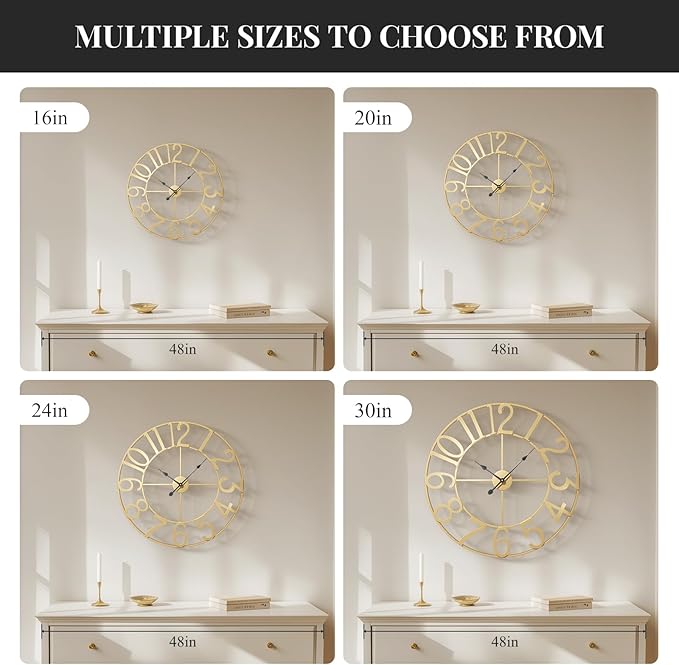 Large Wall Clock 24 Inch Gold, Decorative Wall Clocks Battery-Operated, Modern Metal Round Clock Silent Non Ticking Arabic Numerals for Living Room Kitchen Mantel Bedroom Office Decor
