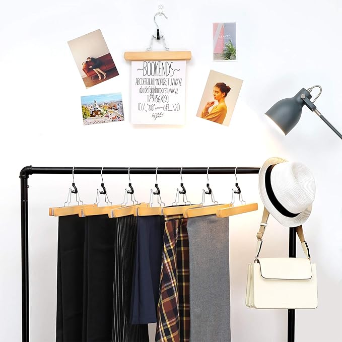 SONGMICS 12 Pack Wooden Pants Hangers, Premium Solid Wood with Non-Slip Felt, Hold Pants Tightly, Smooth Finish Wood Skirt Hangers, with 360° Swivel Hook, Natural UCRW007-12